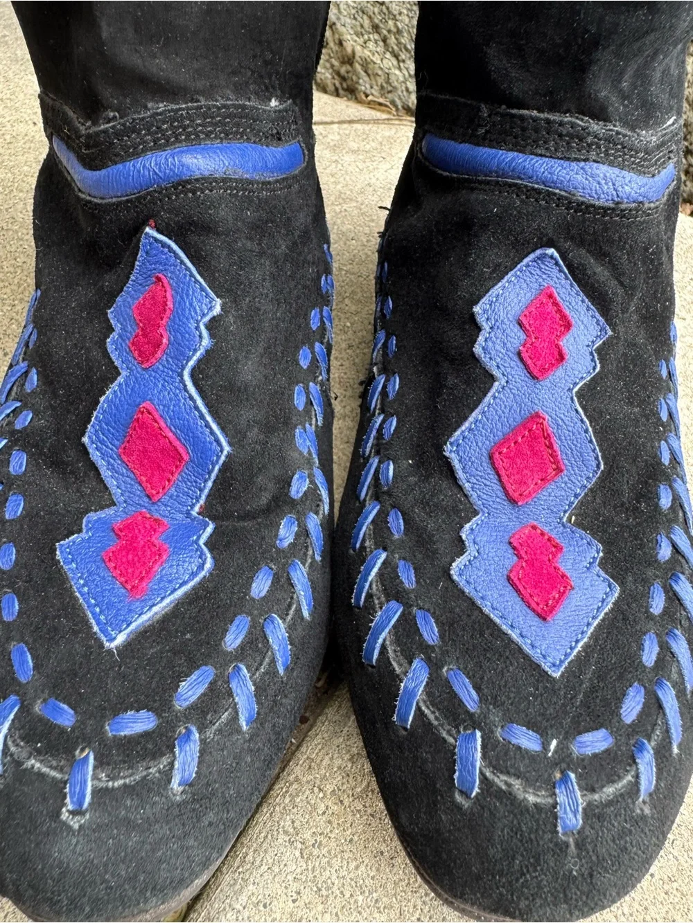 Black Suede Knee Boots w Blue Pink leather Embroidery boho cowgirl western 7.5
